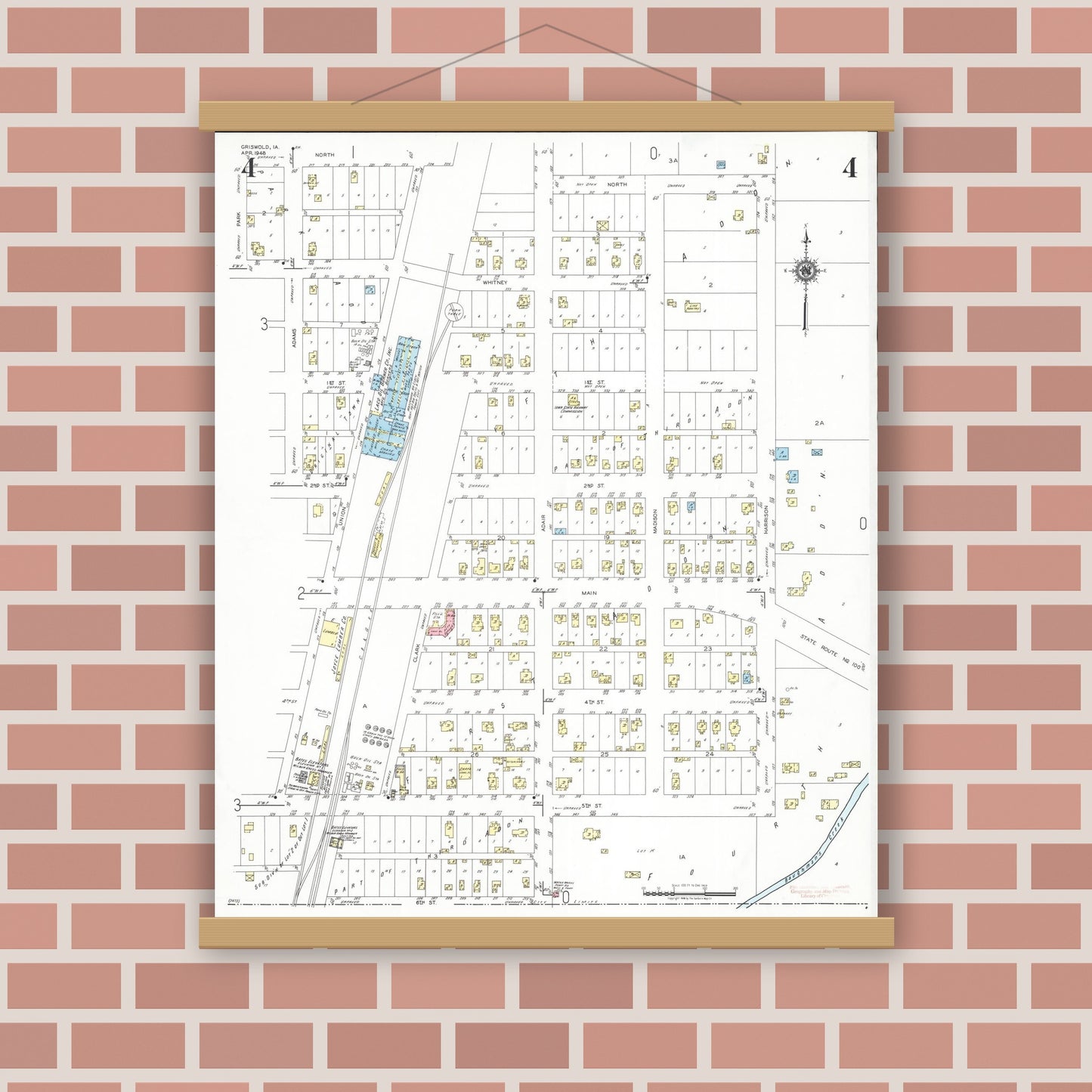 Old map wall art mockup — magnetic wood frame on brick wall — Sanborn Fire Insurance Map from Griswold, Cass County, Iowa (1948), Sheet #0004