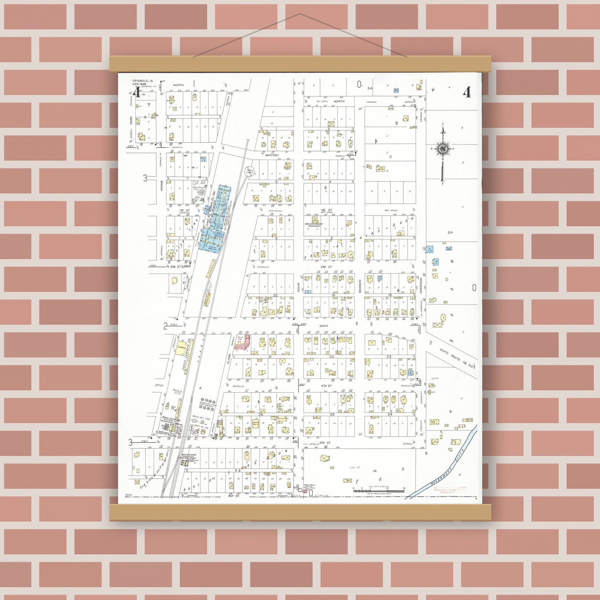 Old map wall art mockup — magnetic wood frame on brick wall — Sanborn Fire Insurance Map from Griswold, Cass County, Iowa (1948), Sheet #0004