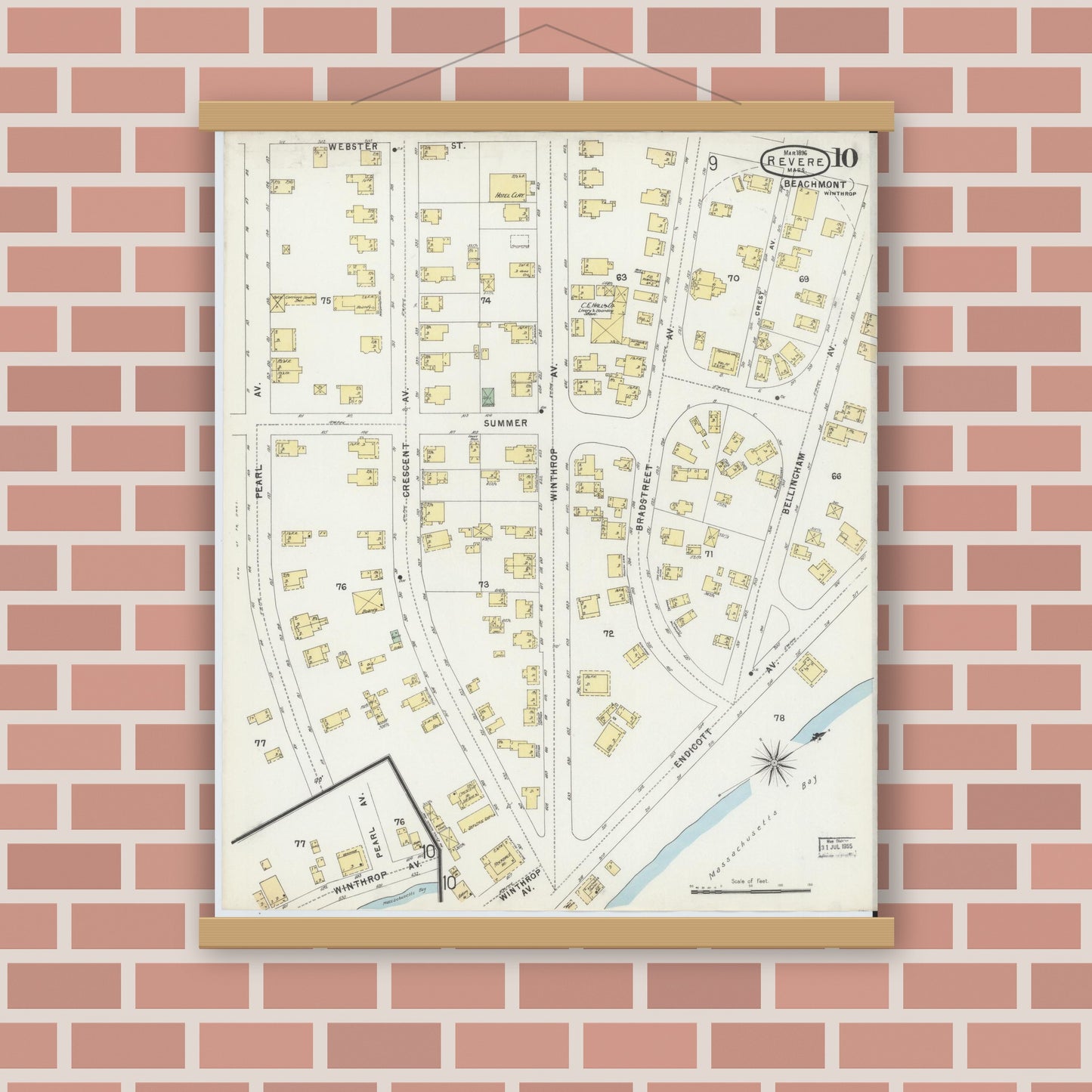 Old map wall art mockup — magnetic wood frame on brick wall — Sanborn Fire Insurance Map from Revere, Suffolk County, Massachusetts (1896), Sheet #0010
