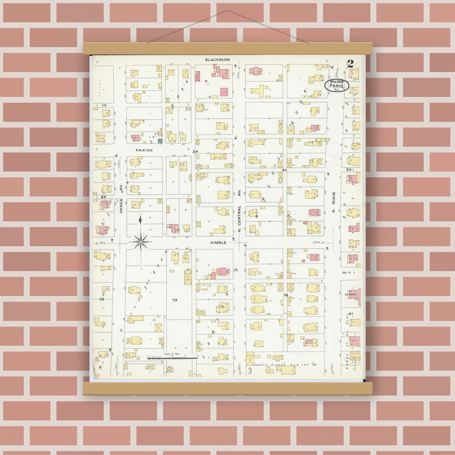 Old map wall art mockup — magnetic wood frame on brick wall — Sanborn Fire Insurance Map from Paris, Edgar County, Illinois (1908), Sheet #0002