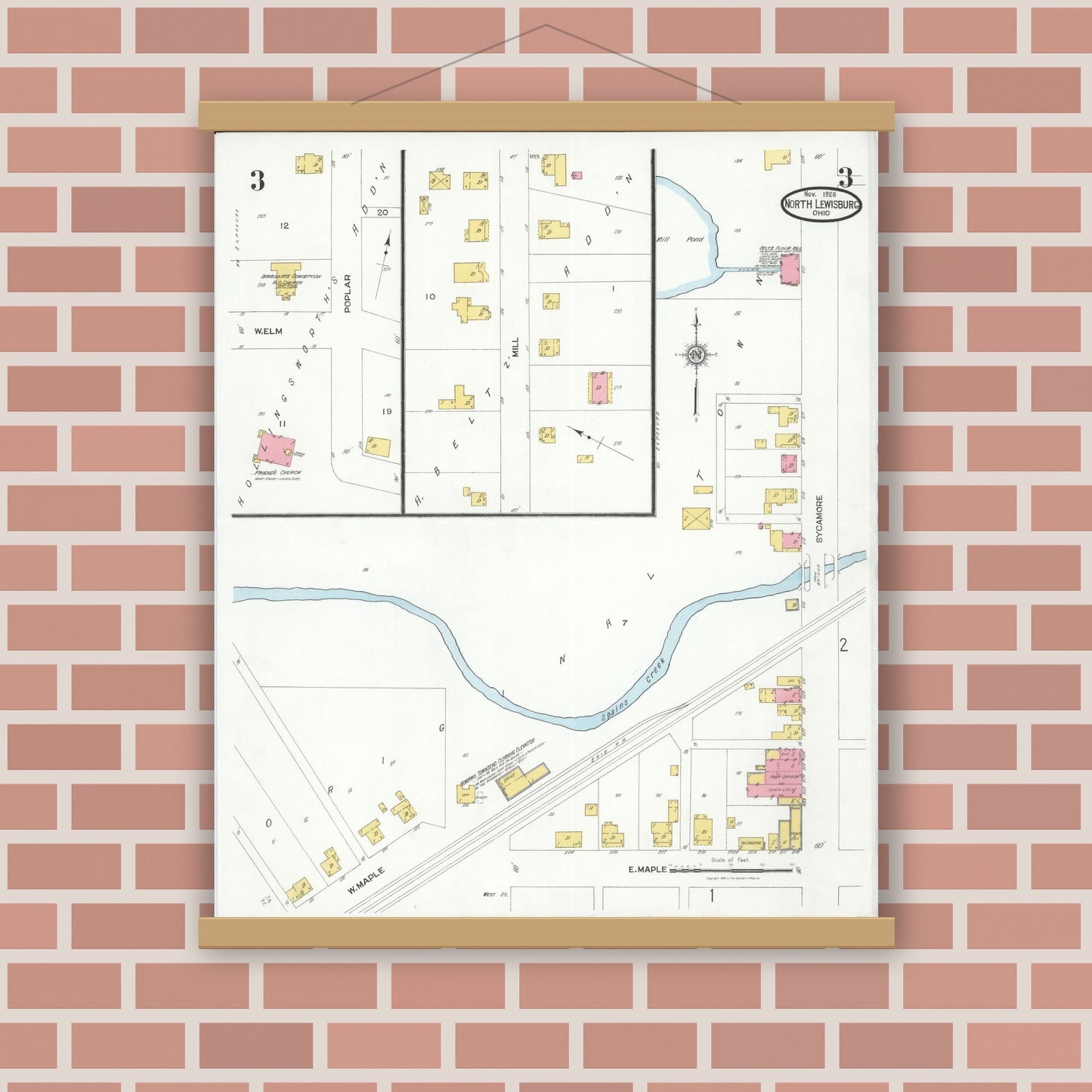 Old map wall art mockup — magnetic wood frame on brick wall — Sanborn Fire Insurance Map from North Lewisburg, Champaign County, Ohio (1926), Sheet #0003