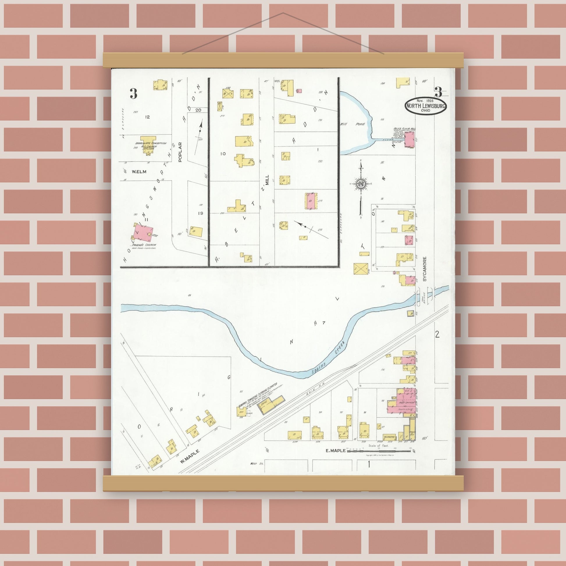 Old map wall art mockup — magnetic wood frame on brick wall — Sanborn Fire Insurance Map from North Lewisburg, Champaign County, Ohio (1926), Sheet #0003