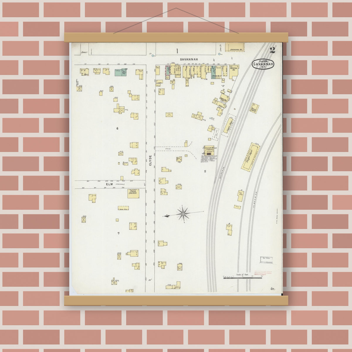 Old map wall art mockup — magnetic wood frame on brick wall — Sanborn Fire Insurance Map from Savannah, Wayne County, New York (1896), Sheet #0002