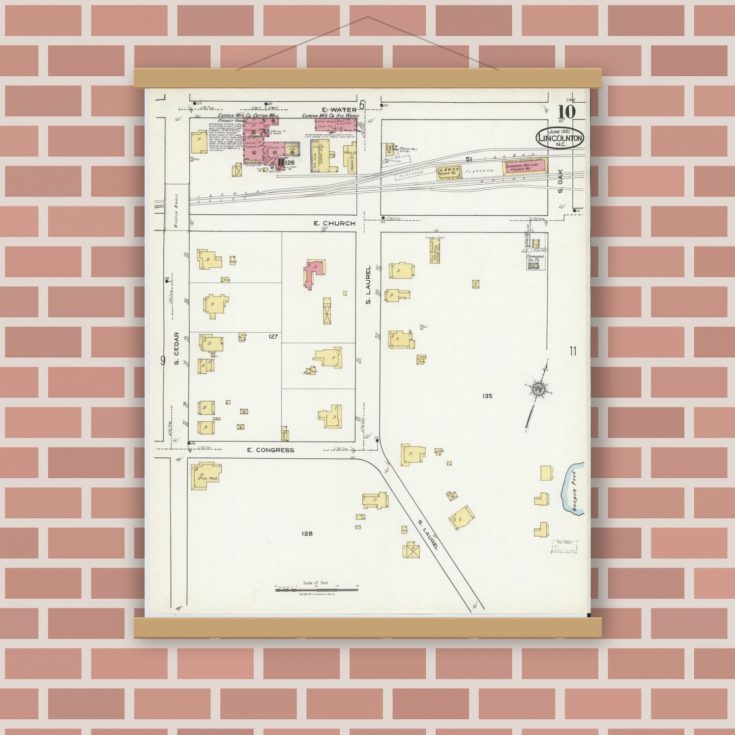 Old map wall art mockup — magnetic wood frame on brick wall — Sanborn Fire Insurance Map from Lincolnton, Lincoln County, North Carolina (1921), Sheet #0010