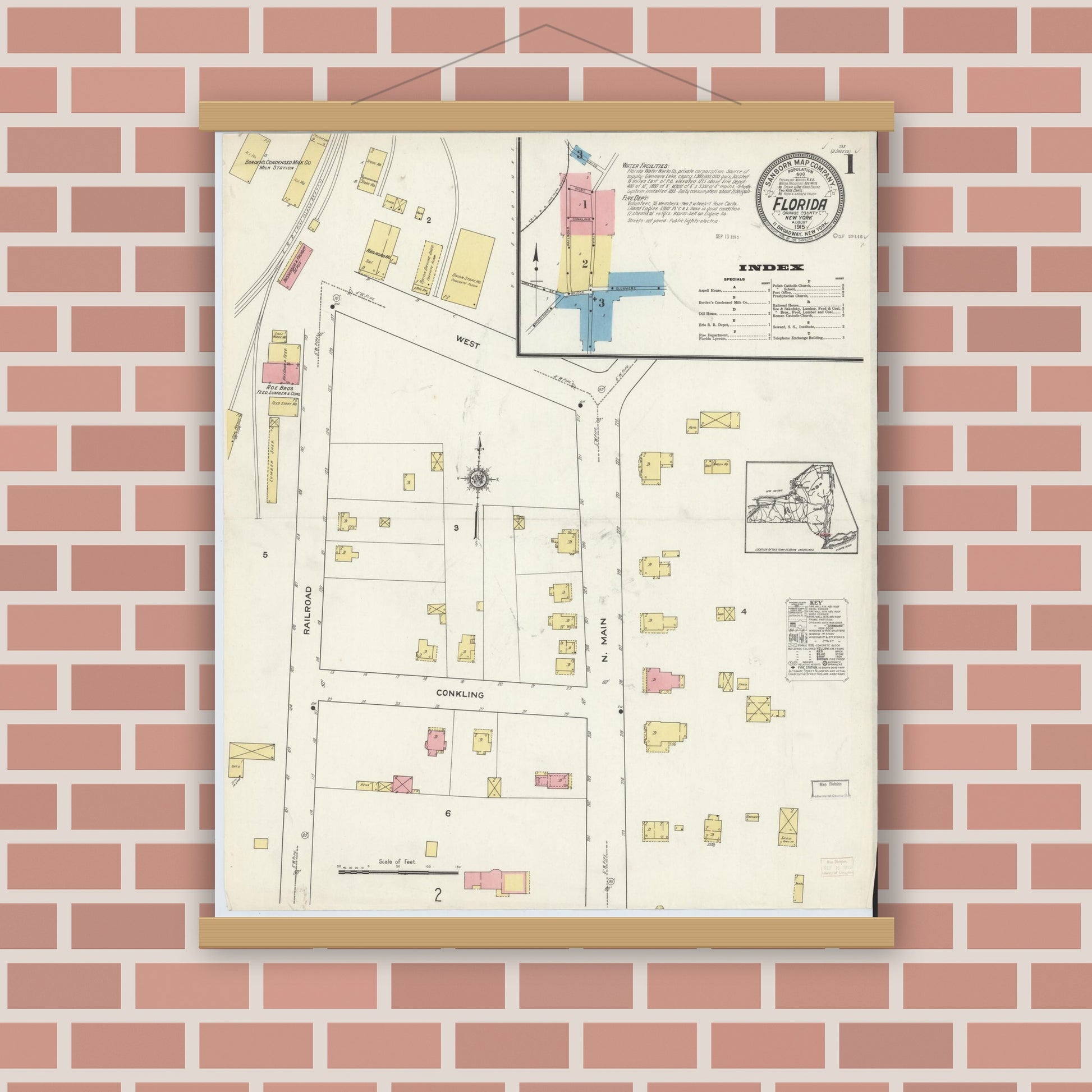 Old map wall art mockup — magnetic wood frame on brick wall — Sanborn Fire Insurance Map from Florida, Orange County, New York (1915) - Complete Map Set