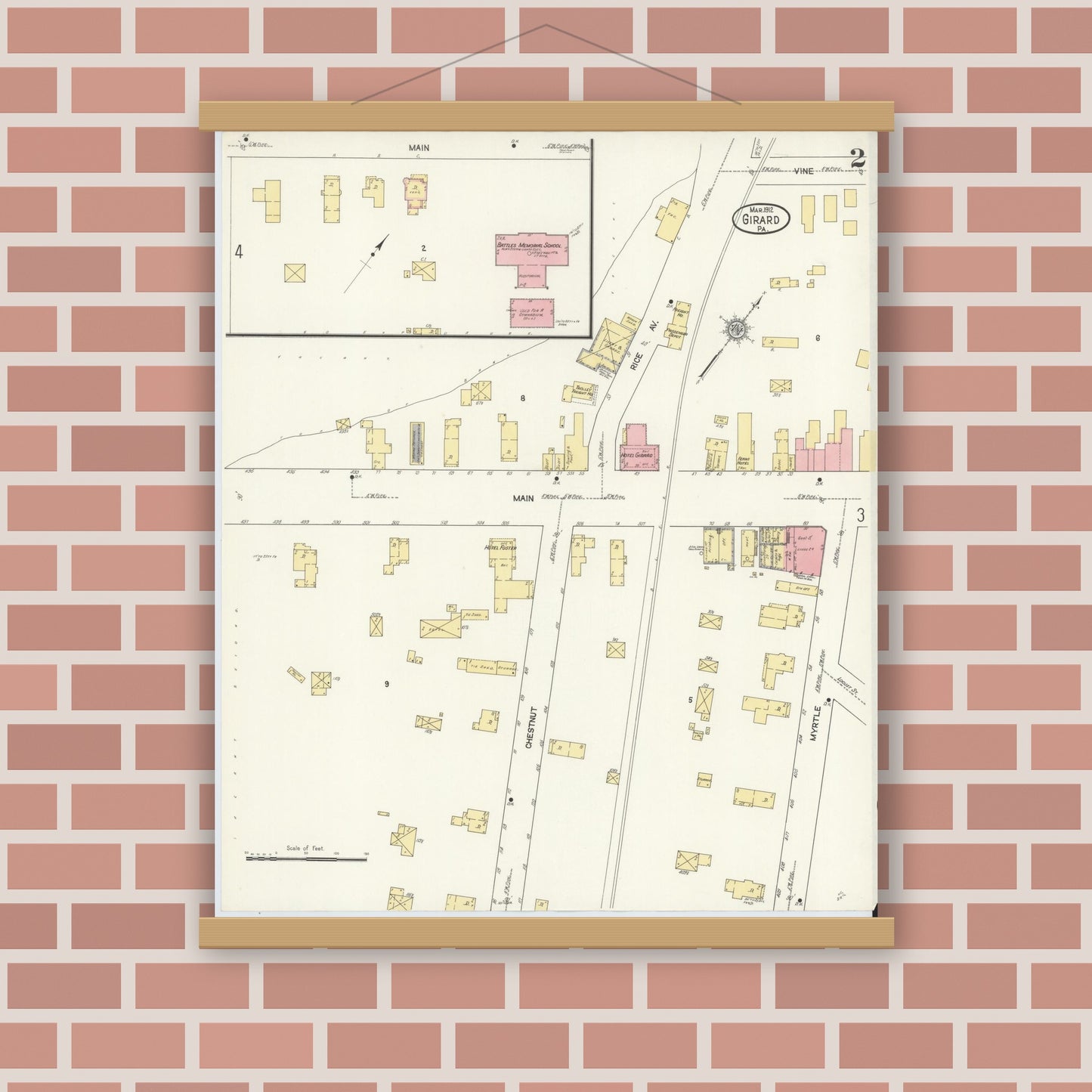 Old map wall art mockup — magnetic wood frame on brick wall — Sanborn Fire Insurance Map from Girard, Erie County, Pennsylvania (1912), Sheet #0002