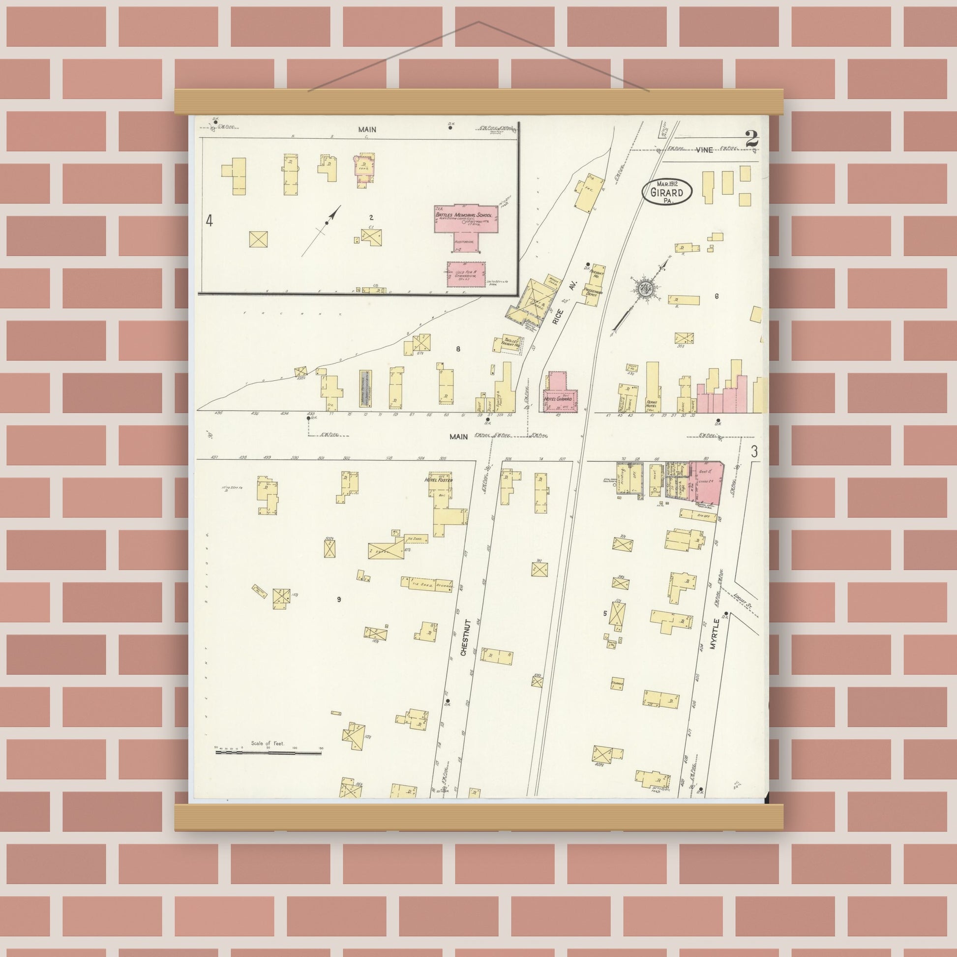 Old map wall art mockup — magnetic wood frame on brick wall — Sanborn Fire Insurance Map from Girard, Erie County, Pennsylvania (1912), Sheet #0002