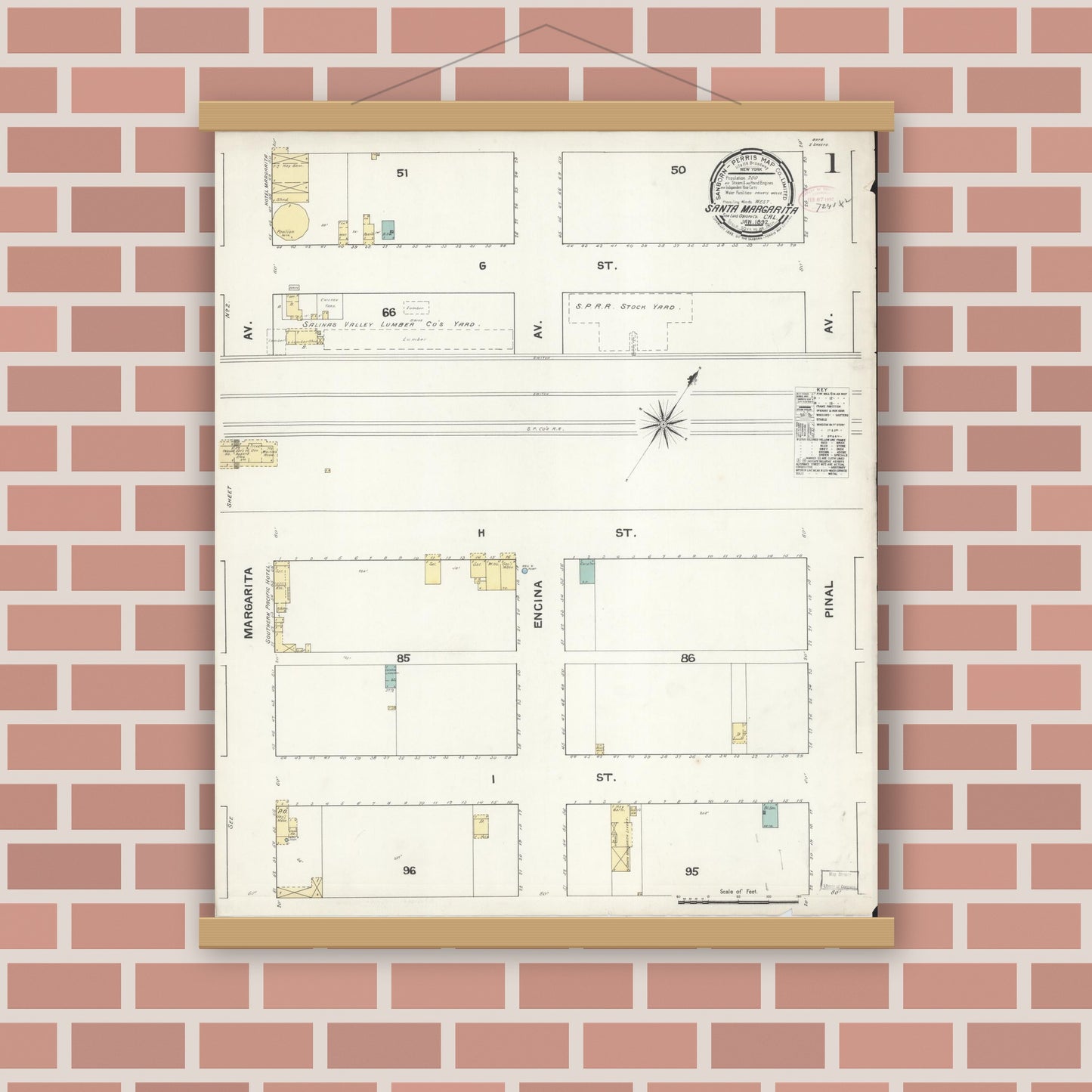 Old map wall art mockup — magnetic wood frame on brick wall — Sanborn Fire Insurance Map from Santa Margarita, San Luis Obispo County, California (1892) - Complete Map Set