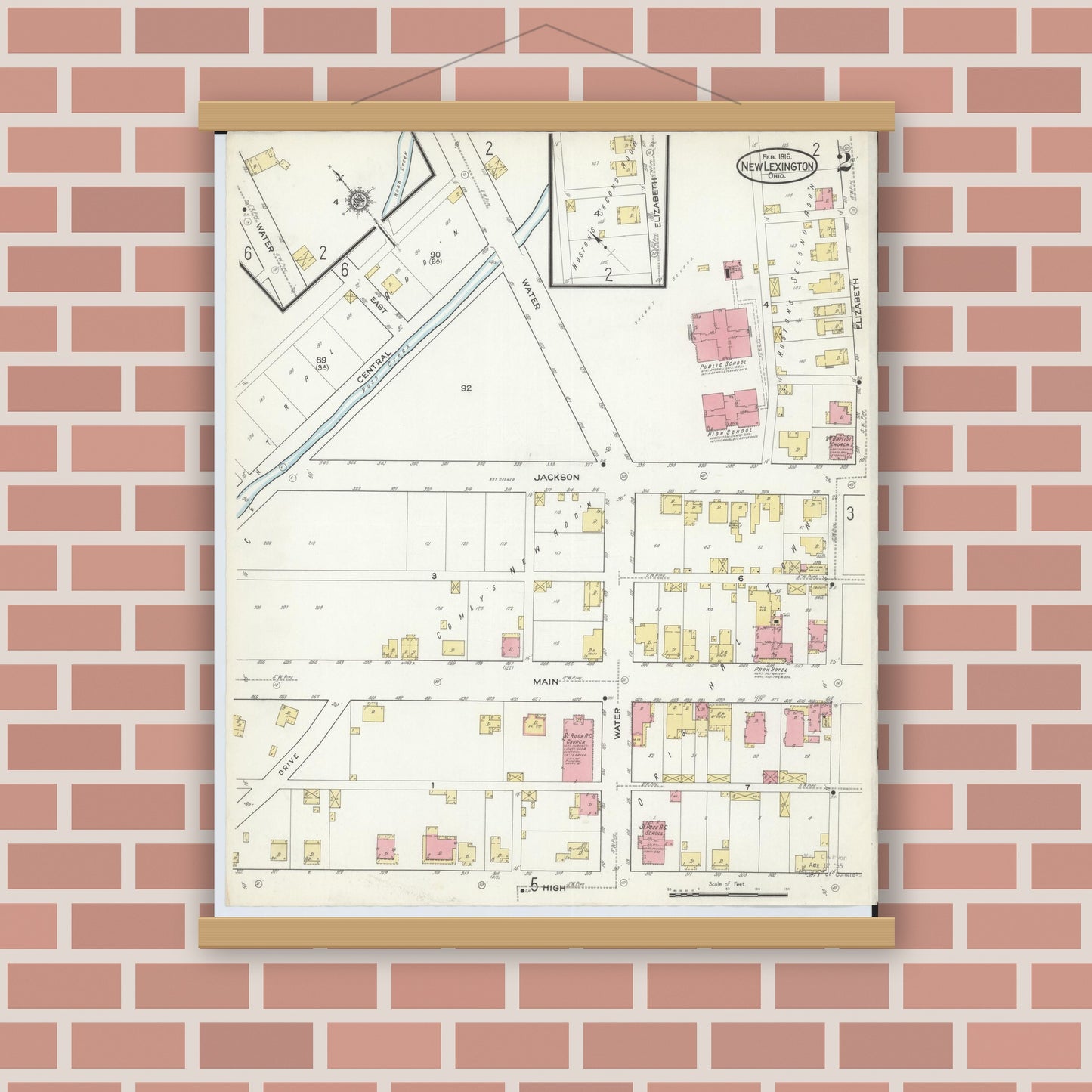 Old map wall art mockup — magnetic wood frame on brick wall — Sanborn Fire Insurance Map from New Lexington, Perry County, Ohio (1916), Sheet #0002