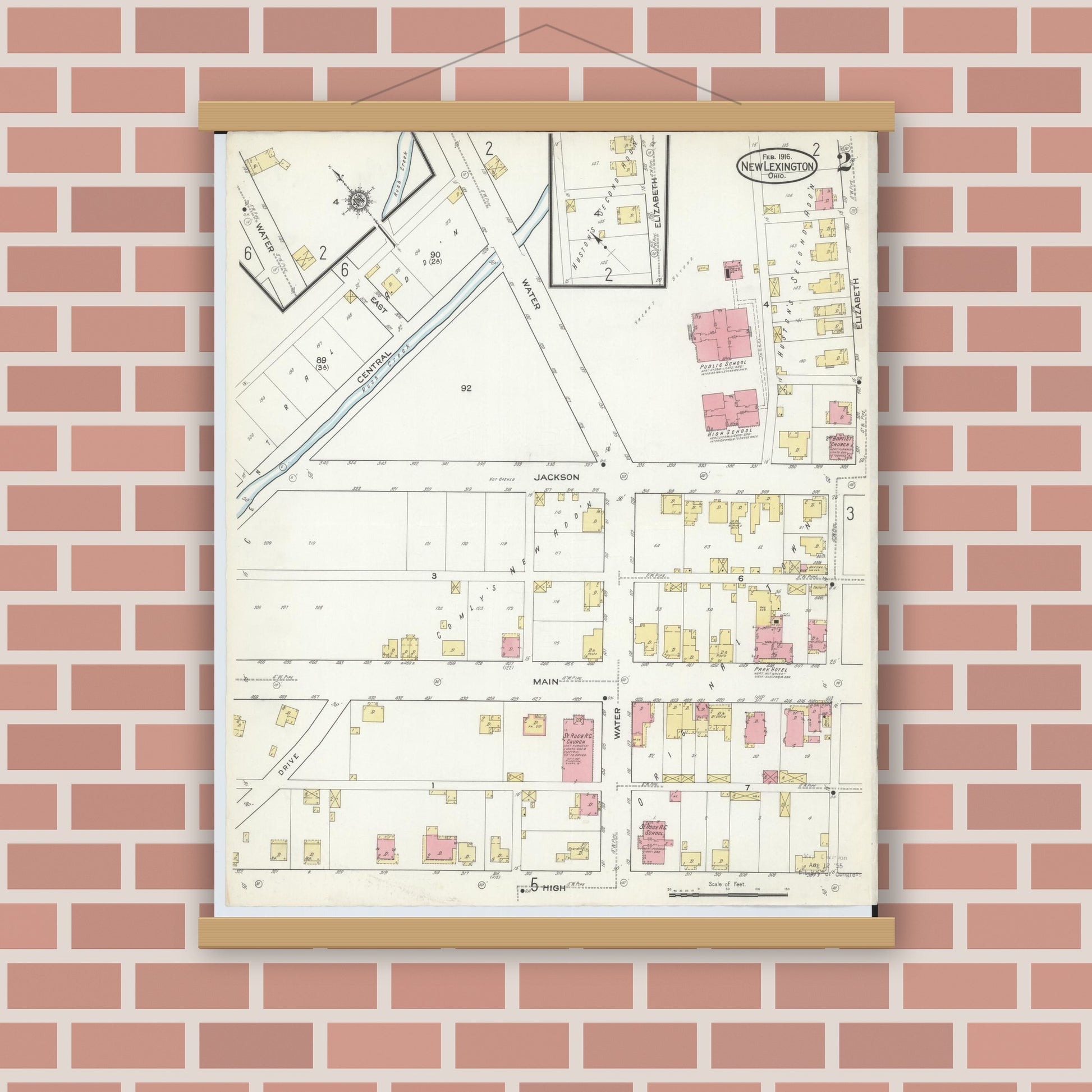 Old map wall art mockup — magnetic wood frame on brick wall — Sanborn Fire Insurance Map from New Lexington, Perry County, Ohio (1916), Sheet #0002