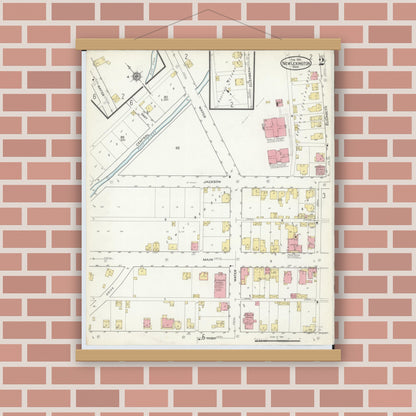 Old map wall art mockup — magnetic wood frame on brick wall — Sanborn Fire Insurance Map from New Lexington, Perry County, Ohio (1916), Sheet #0002