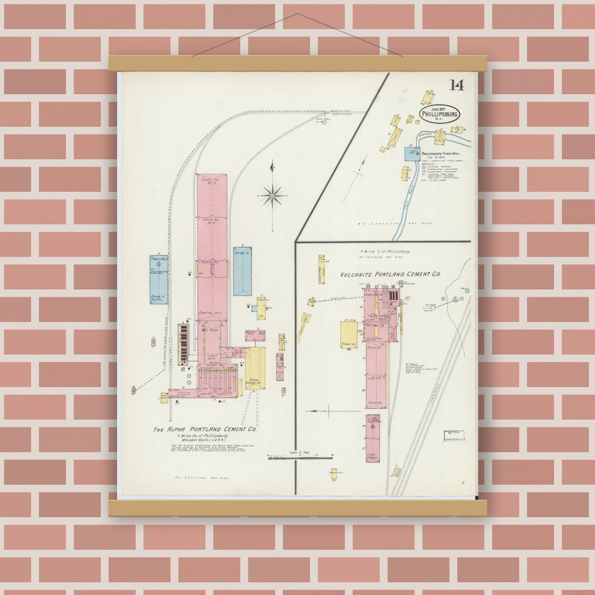 Old map wall art mockup — magnetic wood frame on brick wall — Sanborn Fire Insurance Map from Phillipsburg, Warren County, New Jersey (1897), Sheet #0014