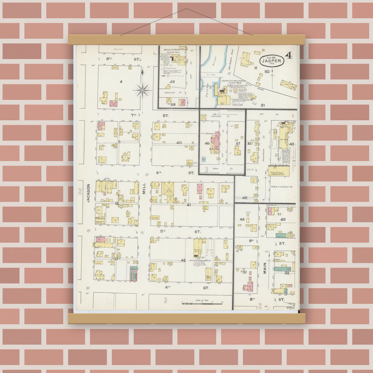 Old map wall art mockup — magnetic wood frame on brick wall — Sanborn Fire Insurance Map from Jasper, Dubois County, Indiana (1892), Sheet #0004