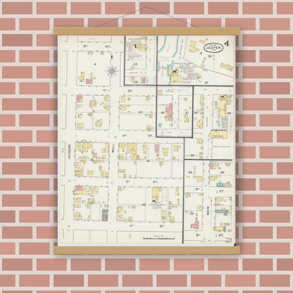 Old map wall art mockup — magnetic wood frame on brick wall — Sanborn Fire Insurance Map from Jasper, Dubois County, Indiana (1892), Sheet #0004