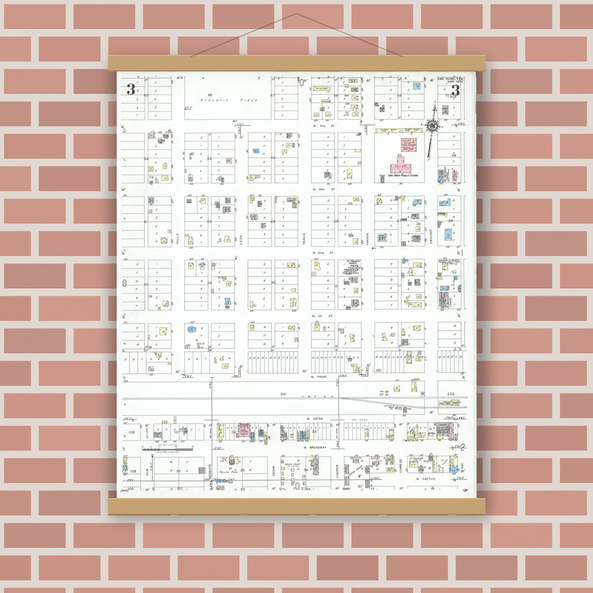 Old map wall art mockup — magnetic wood frame on brick wall — Sanborn Fire Insurance Map from Van Horn, Culberson County, Texas (1950), Sheet #0003
