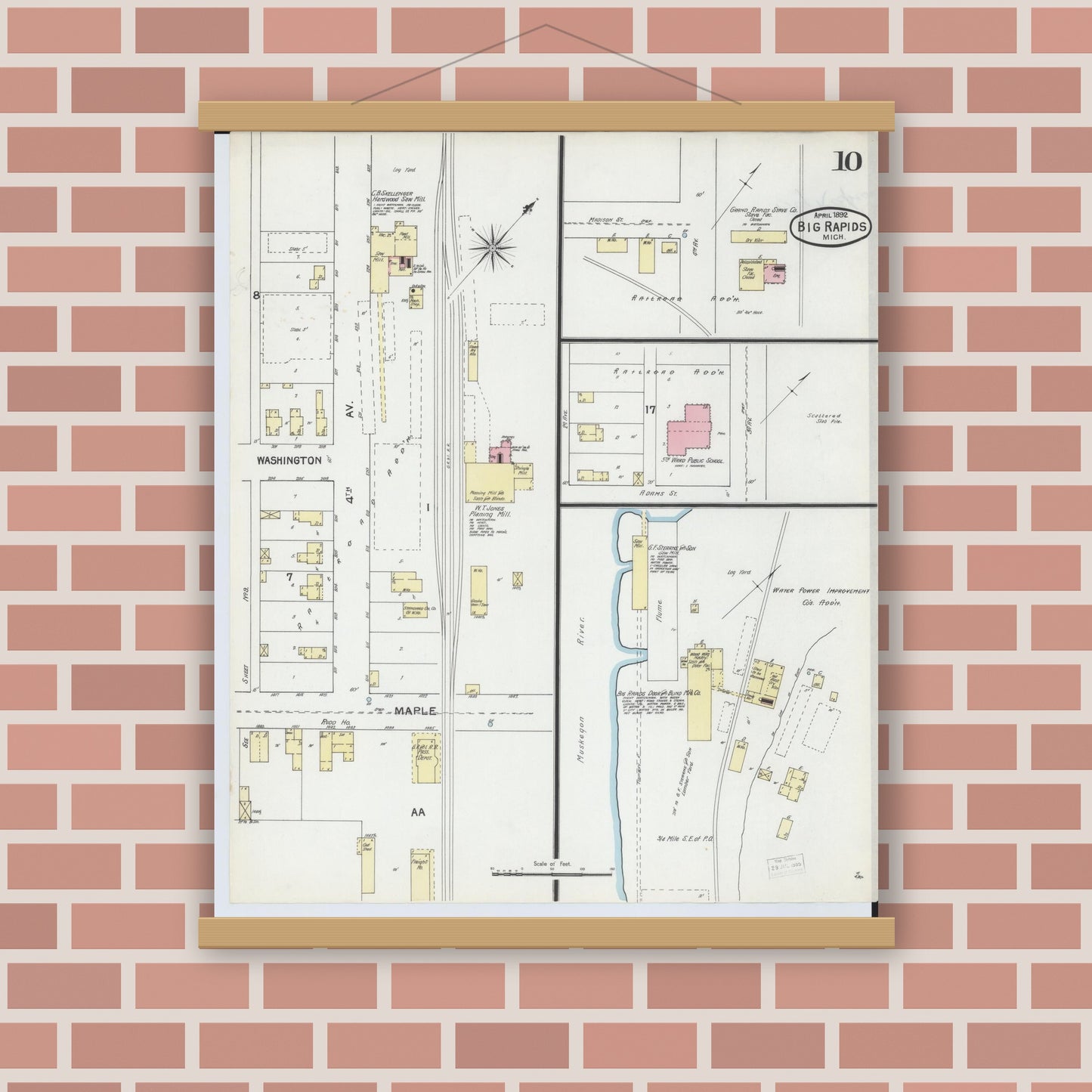 Old map wall art mockup — magnetic wood frame on brick wall — Sanborn Fire Insurance Map from Big Rapids, Mecosta County, Michigan (1892), Sheet #0010