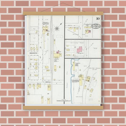 Old map wall art mockup — magnetic wood frame on brick wall — Sanborn Fire Insurance Map from Big Rapids, Mecosta County, Michigan (1892), Sheet #0010