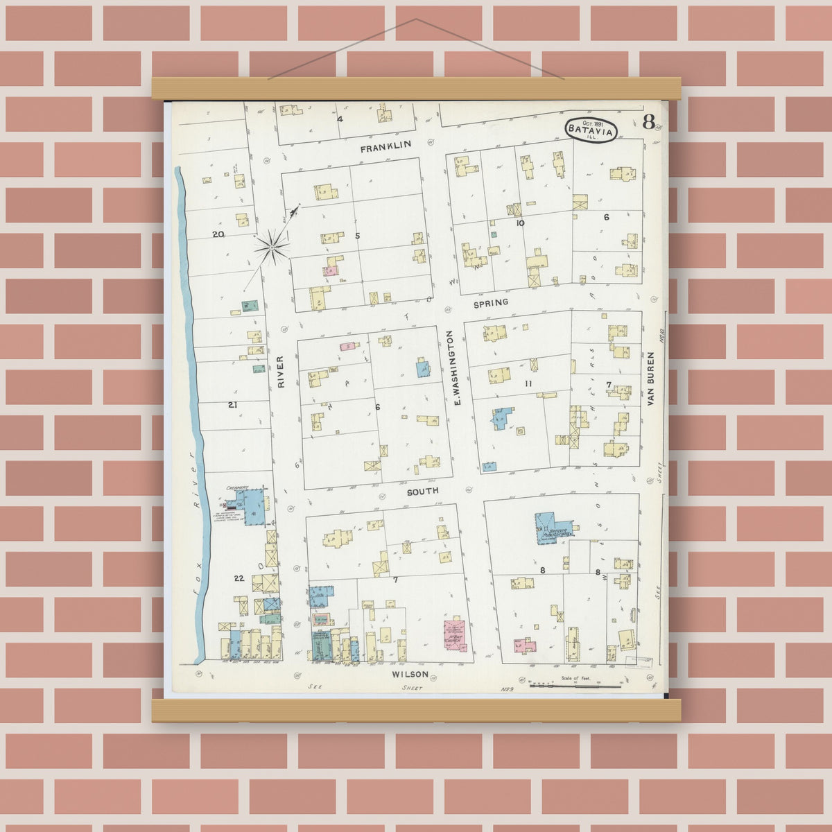 Old map wall art mockup — magnetic wood frame on brick wall — Sanborn Fire Insurance Map from Batavia, Kane County, Illinois (1891), Sheet #0008