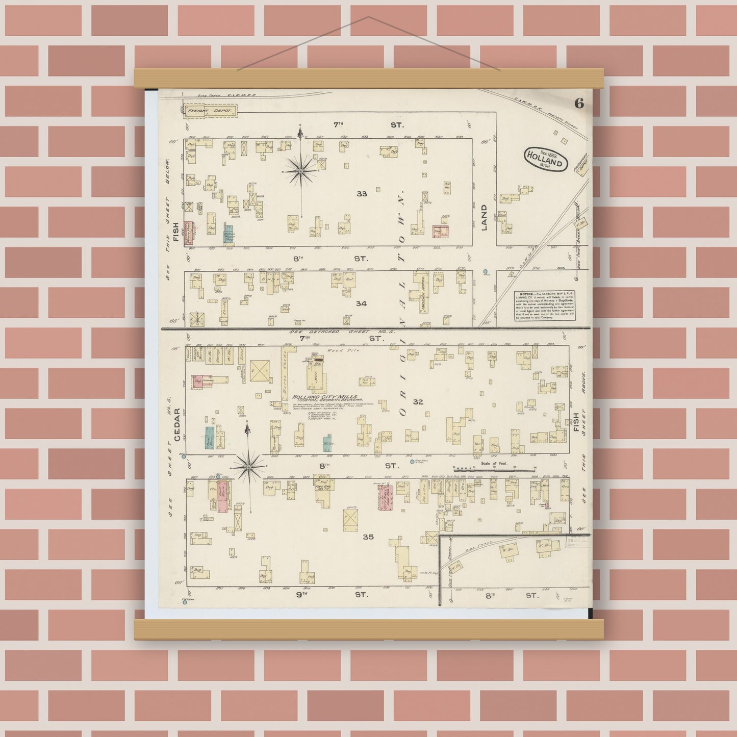 Old map wall art mockup — magnetic wood frame on brick wall — Sanborn Fire Insurance Map from Holland, Ottawa County, Michigan (1883), Sheet #0006