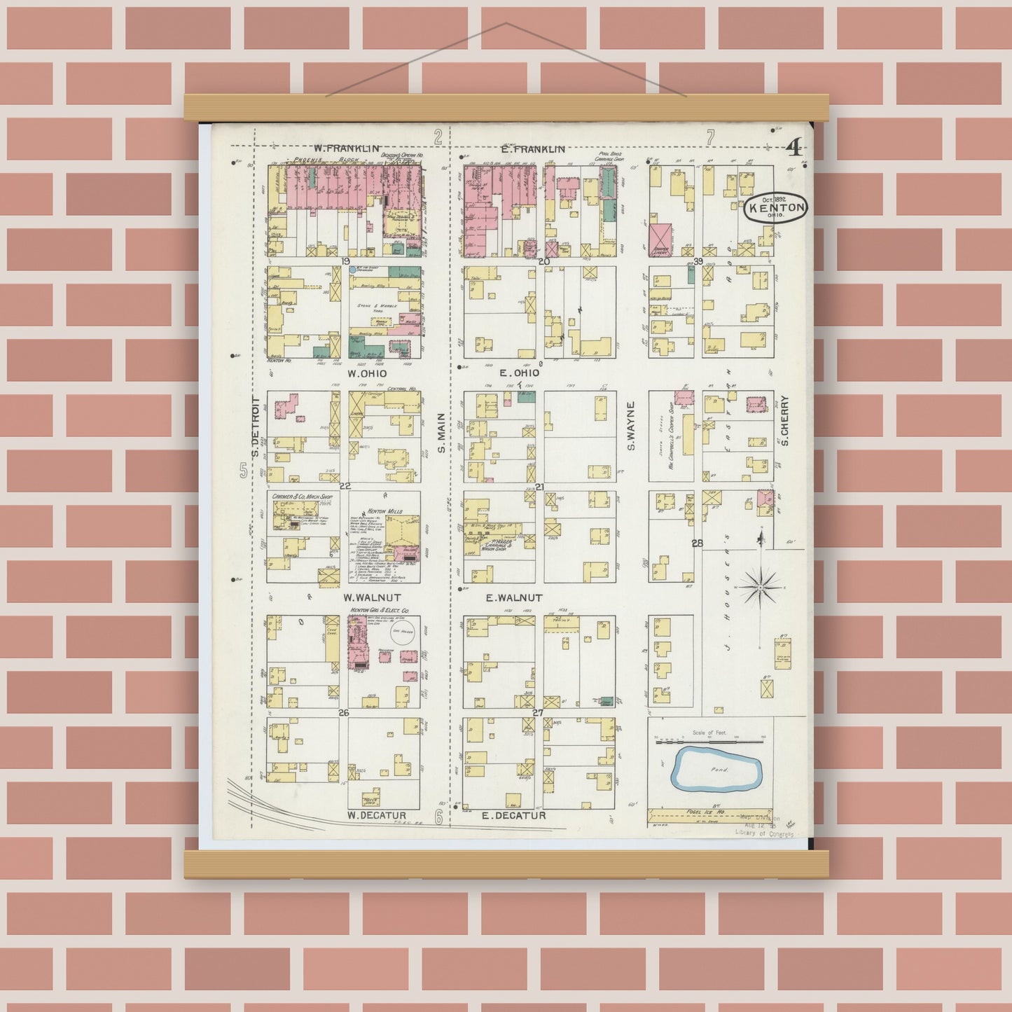 Old map wall art mockup — magnetic wood frame on brick wall — Sanborn Fire Insurance Map from Kenton, Hardin County, Ohio (1892), Sheet #0004