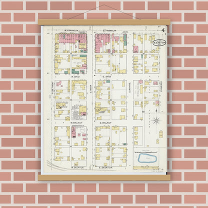 Old map wall art mockup — magnetic wood frame on brick wall — Sanborn Fire Insurance Map from Kenton, Hardin County, Ohio (1892), Sheet #0004