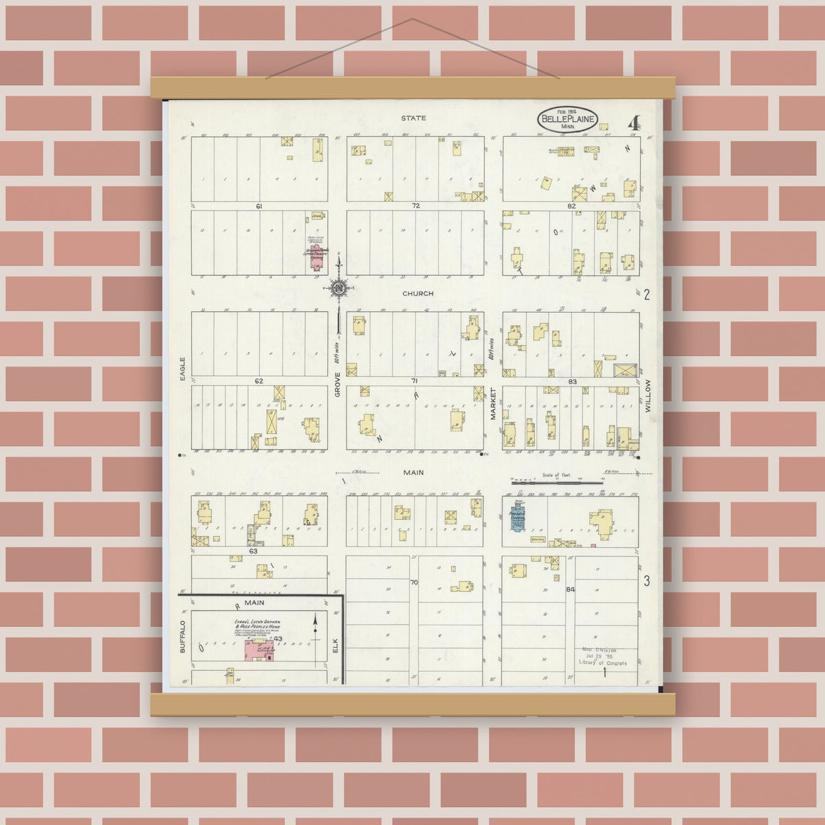 Old map wall art mockup — magnetic wood frame on brick wall — Sanborn Fire Insurance Map from Belle Plaine, Scott County, Minnesota (1914), Sheet #0004