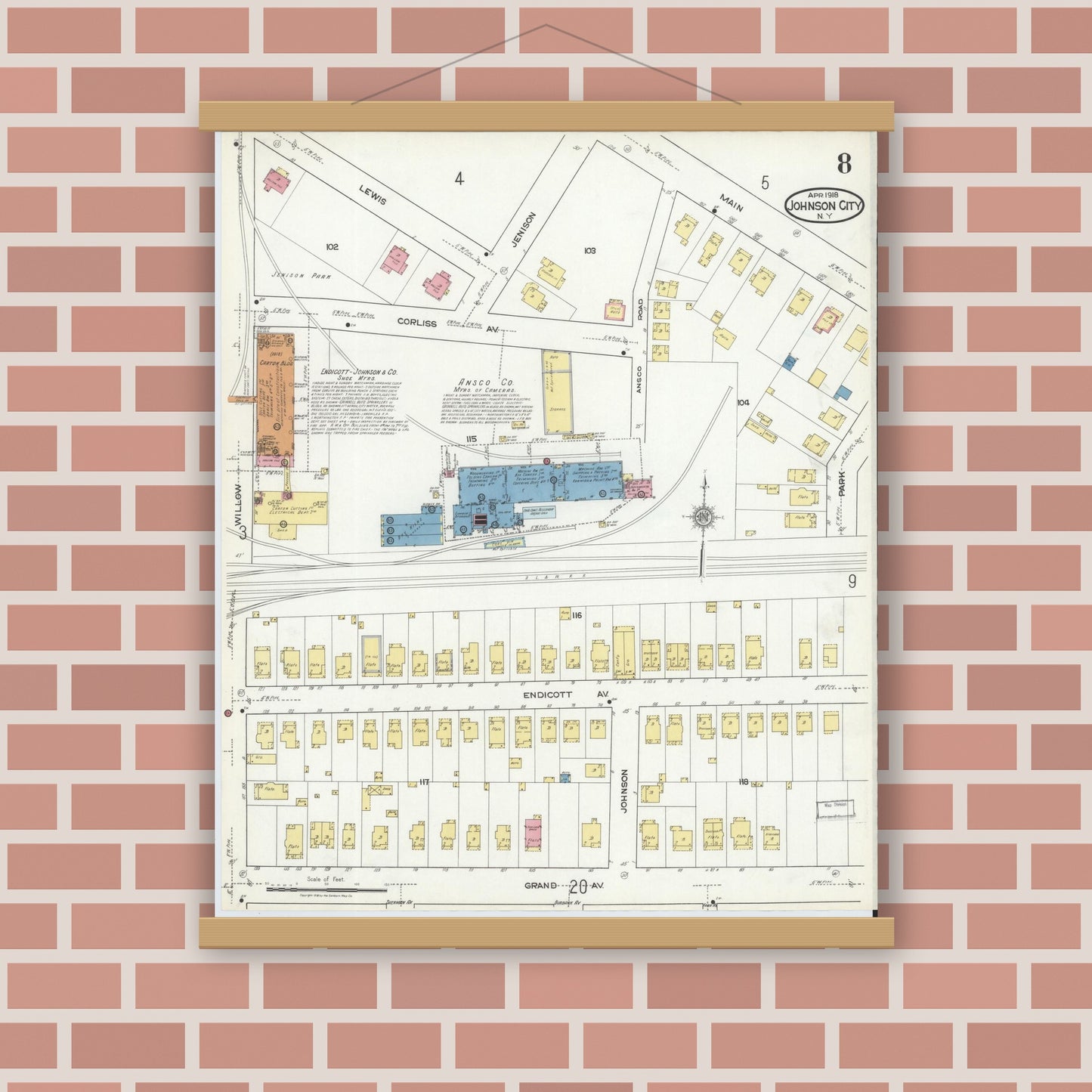 Old map wall art mockup — magnetic wood frame on brick wall — Sanborn Fire Insurance Map from Johnson City, Broome County, New York (1918), Sheet #0008