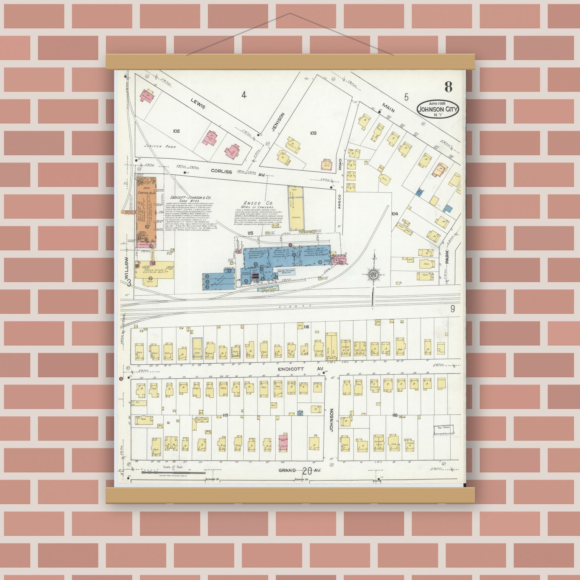 Old map wall art mockup — magnetic wood frame on brick wall — Sanborn Fire Insurance Map from Johnson City, Broome County, New York (1918), Sheet #0008