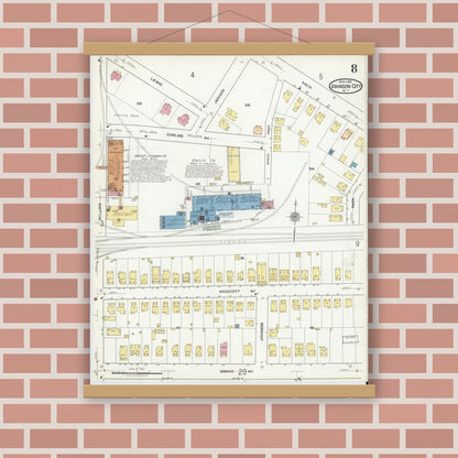 Old map wall art mockup — magnetic wood frame on brick wall — Sanborn Fire Insurance Map from Johnson City, Broome County, New York (1918), Sheet #0008