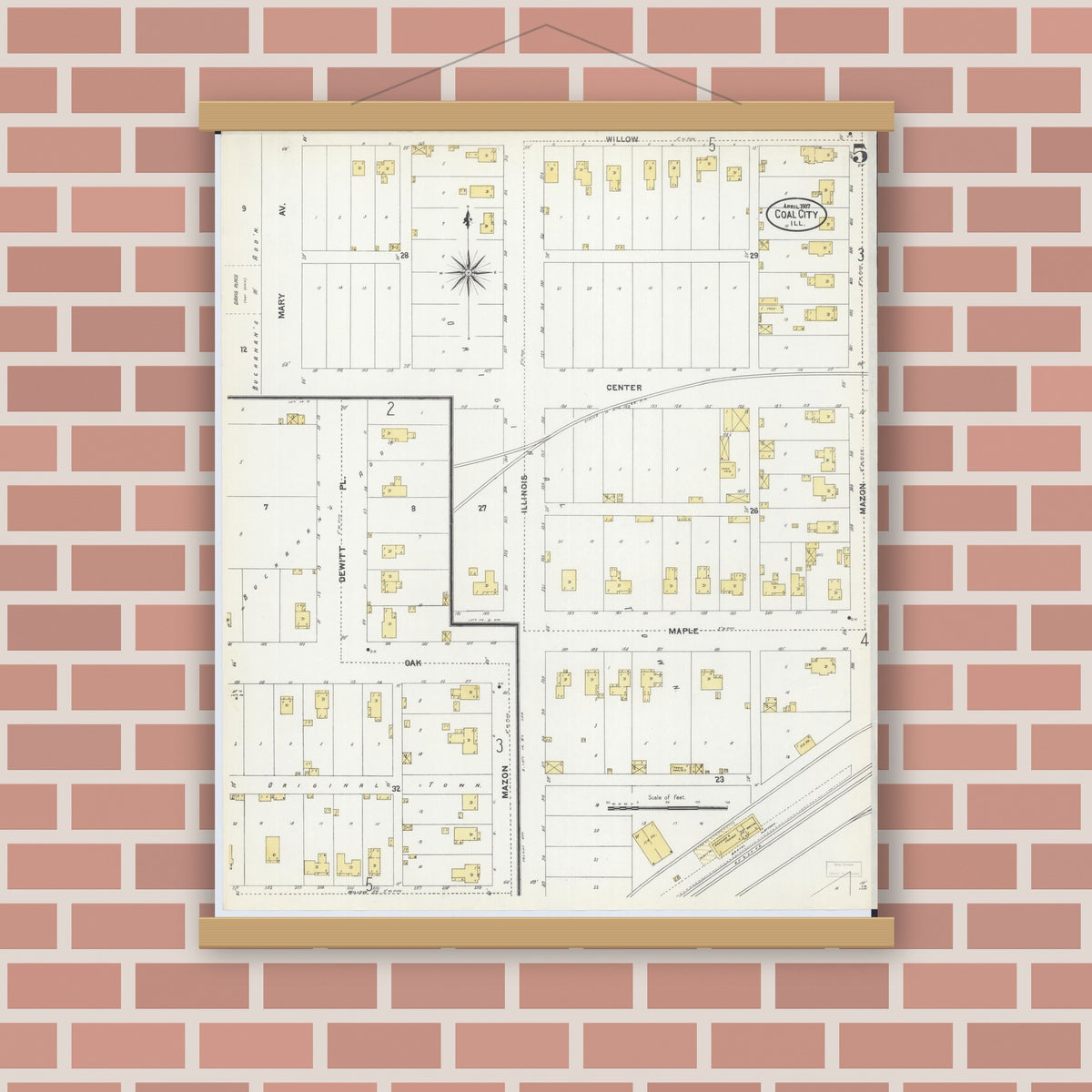 Old map wall art mockup — magnetic wood frame on brick wall — Sanborn Fire Insurance Map from Coal City, Grundy County, Illinois (1907), Sheet #0005