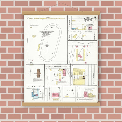 Old map wall art mockup — magnetic wood frame on brick wall — Sanborn Fire Insurance Map from Monticello, Jones County, Iowa (1921), Sheet #0007
