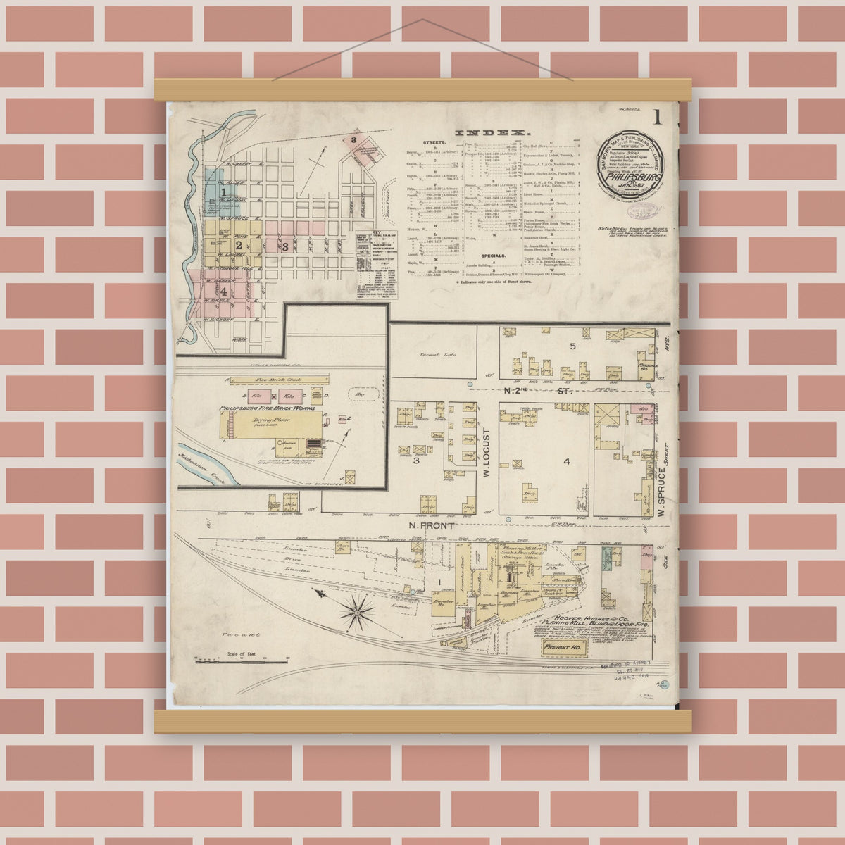 Old map wall art mockup — magnetic wood frame on brick wall — Sanborn Fire Insurance Map from Philipsburg, Centre County, Pennsylvania (1887) - Complete Map Set