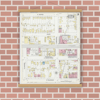 Old map wall art mockup — magnetic wood frame on brick wall — Sanborn Fire Insurance Map from Decatur, Macon County, Illinois (1892), Sheet #0003