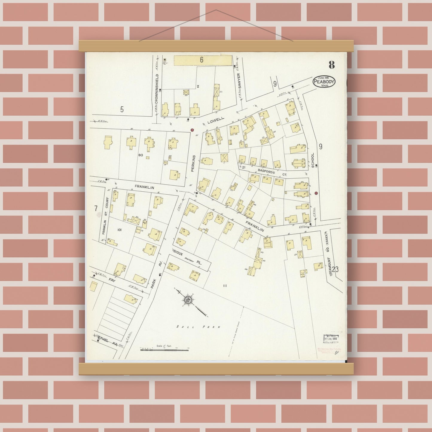 Old map wall art mockup — magnetic wood frame on brick wall — Sanborn Fire Insurance Map from Peabody, Essex County, Massachusetts (1914), Sheet #0008