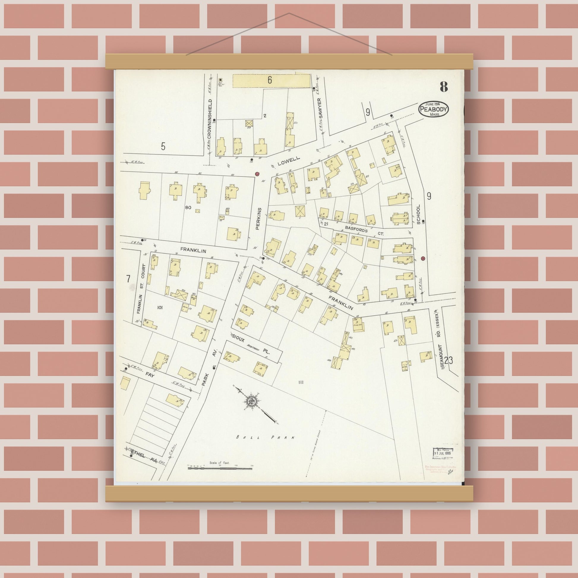 Old map wall art mockup — magnetic wood frame on brick wall — Sanborn Fire Insurance Map from Peabody, Essex County, Massachusetts (1914), Sheet #0008