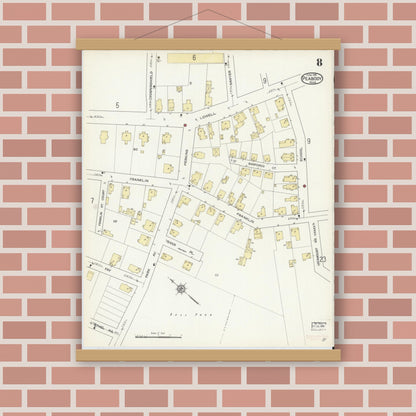 Old map wall art mockup — magnetic wood frame on brick wall — Sanborn Fire Insurance Map from Peabody, Essex County, Massachusetts (1914), Sheet #0008