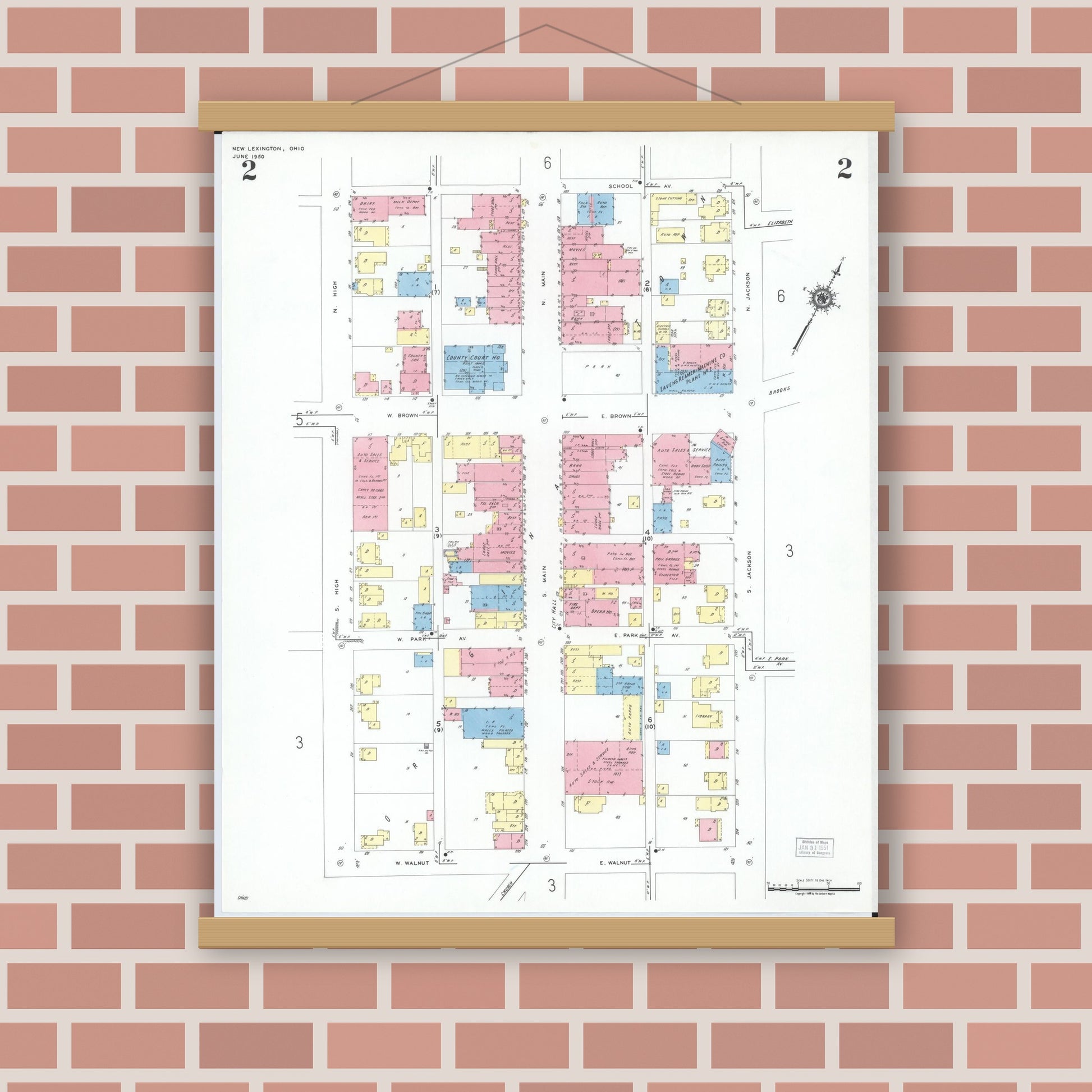 Old map wall art mockup — magnetic wood frame on brick wall — Sanborn Fire Insurance Map from New Lexington, Perry County, Ohio (1950), Sheet #0002