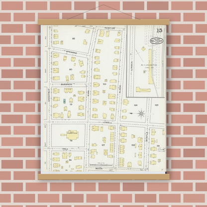Old map wall art mockup — magnetic wood frame on brick wall — Sanborn Fire Insurance Map from Waltham, Middlesex County, Massachusetts (1892), Sheet #0015