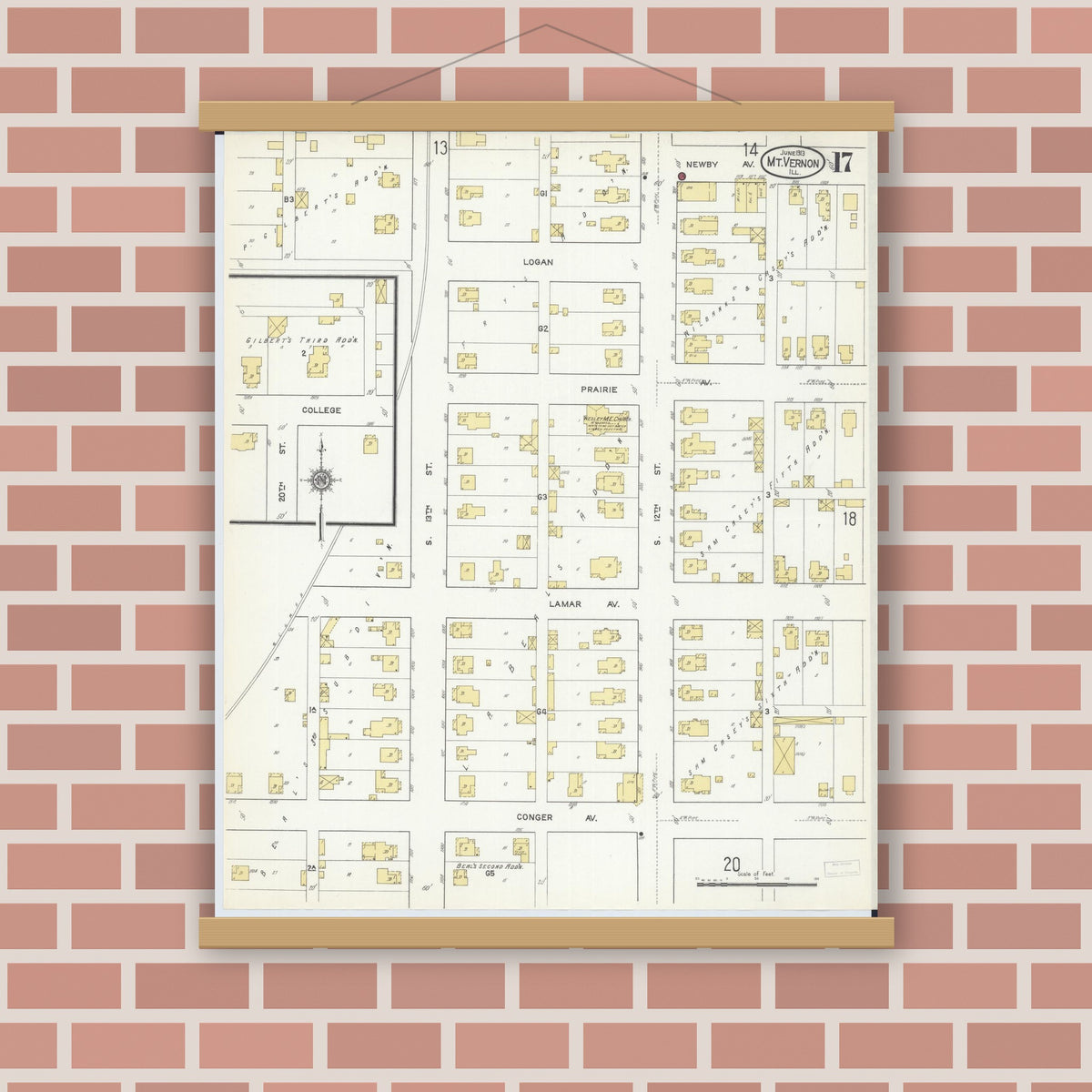 Old map wall art mockup — magnetic wood frame on brick wall — Sanborn Fire Insurance Map from Mount Vernon, Jefferson County, Illinois (1913), Sheet #0017