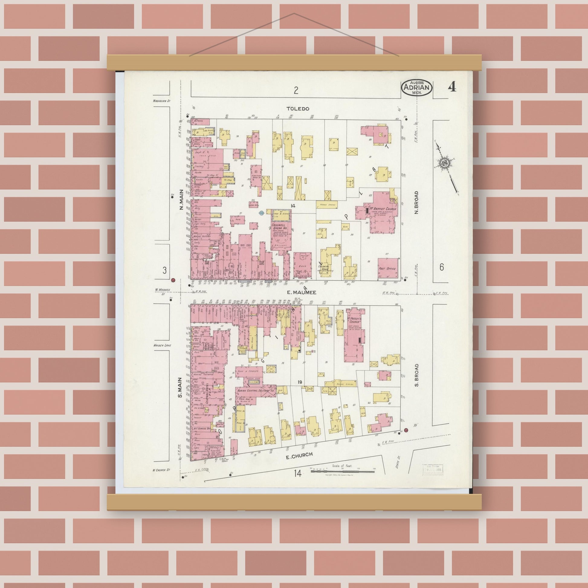 Old map wall art mockup — magnetic wood frame on brick wall — Sanborn Fire Insurance Map from Adrian, Lenawee County, Michigan (1916), Sheet #0004