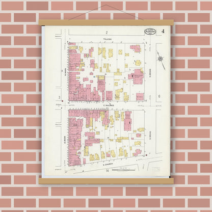 Old map wall art mockup — magnetic wood frame on brick wall — Sanborn Fire Insurance Map from Adrian, Lenawee County, Michigan (1916), Sheet #0004