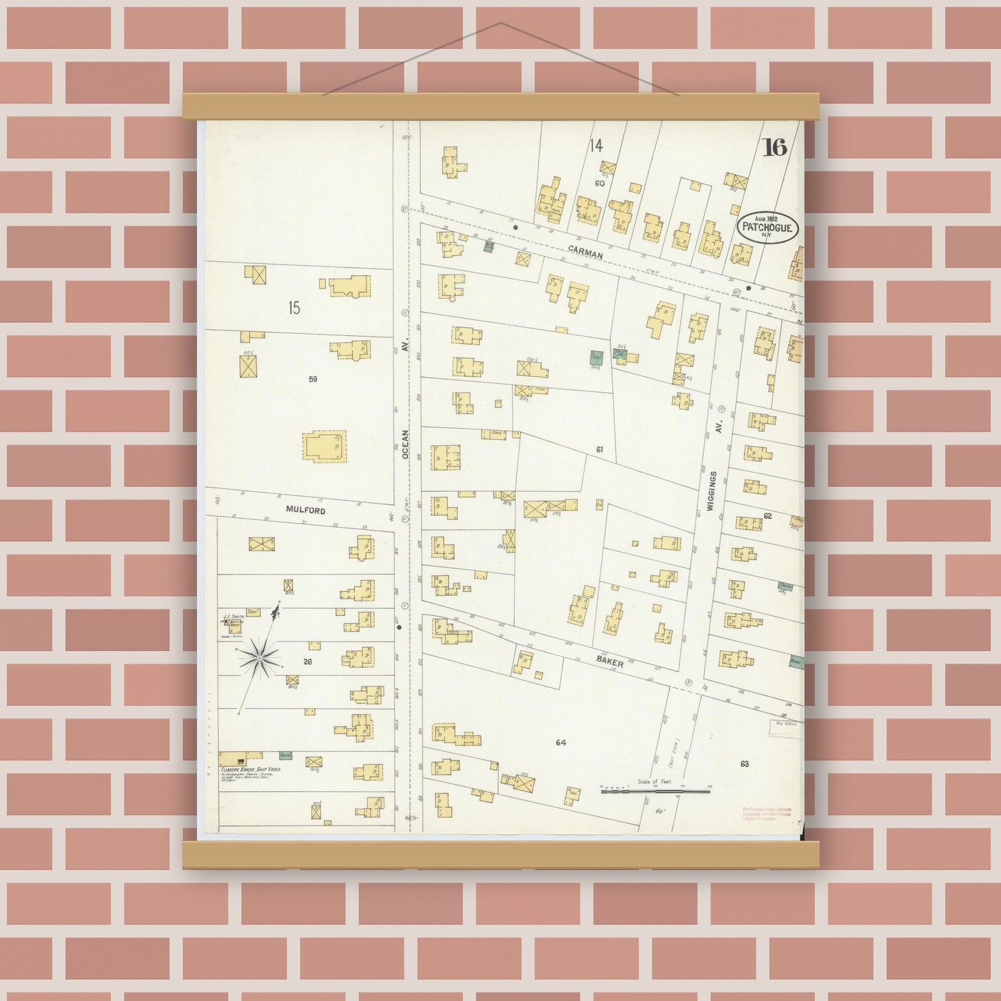 Old map wall art mockup — magnetic wood frame on brick wall — Sanborn Fire Insurance Map from Patchogue, Suffolk County, New York (1902), Sheet #0016