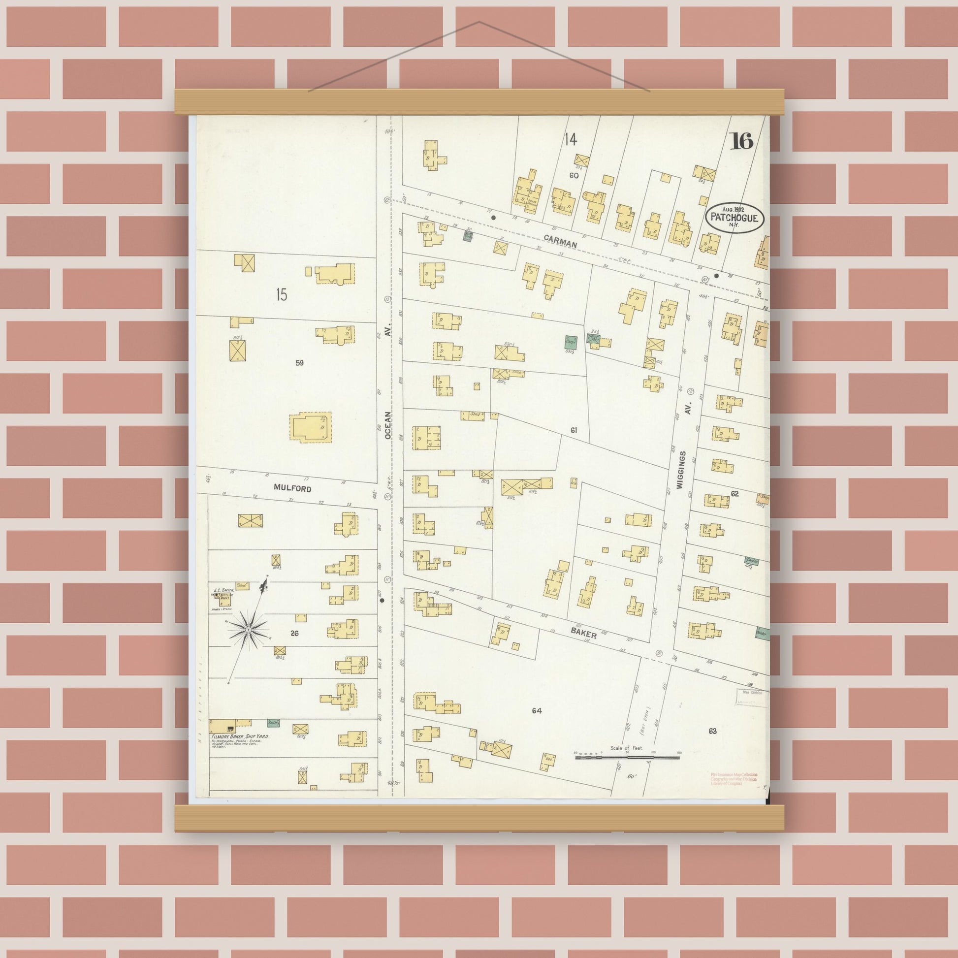 Old map wall art mockup — magnetic wood frame on brick wall — Sanborn Fire Insurance Map from Patchogue, Suffolk County, New York (1902), Sheet #0016