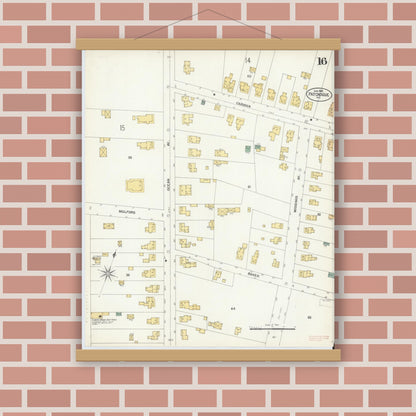 Old map wall art mockup — magnetic wood frame on brick wall — Sanborn Fire Insurance Map from Patchogue, Suffolk County, New York (1902), Sheet #0016