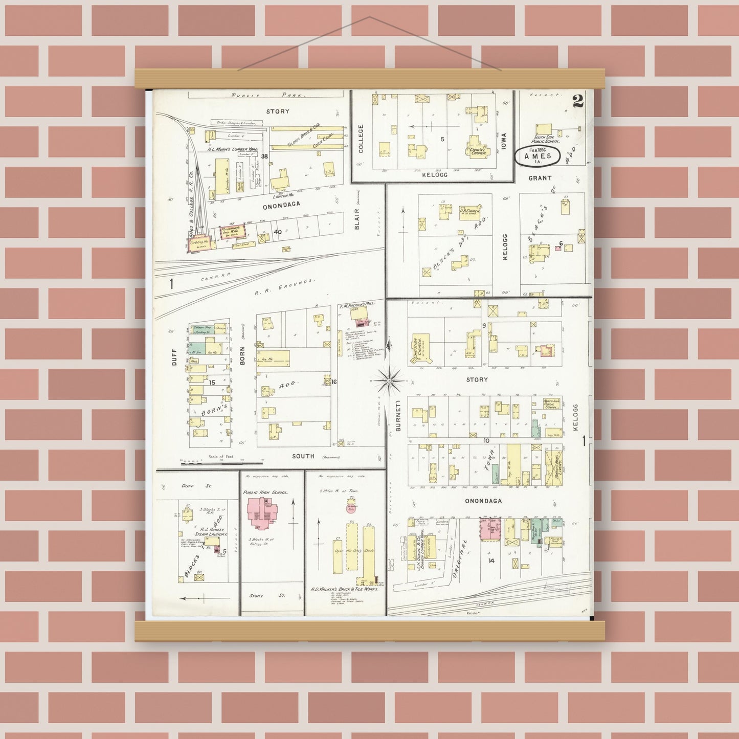 Old map wall art mockup — magnetic wood frame on brick wall — Sanborn Fire Insurance Map from Ames, Story County, Iowa (1896), Sheet #0002