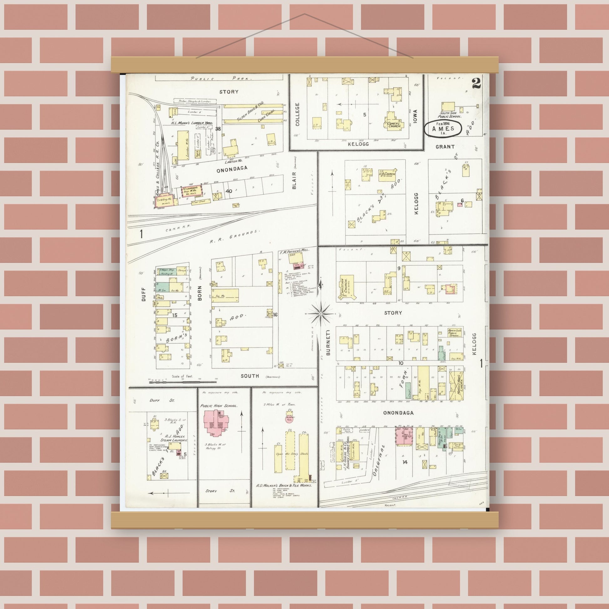 Old map wall art mockup — magnetic wood frame on brick wall — Sanborn Fire Insurance Map from Ames, Story County, Iowa (1896), Sheet #0002