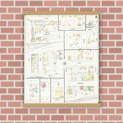 Old map wall art mockup — magnetic wood frame on brick wall — Sanborn Fire Insurance Map from Ames, Story County, Iowa (1896), Sheet #0002