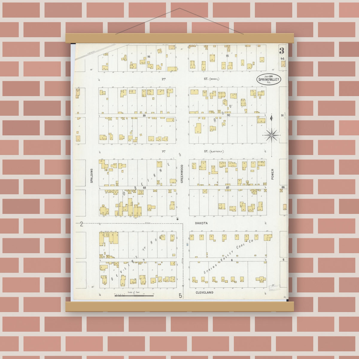 Old map wall art mockup — magnetic wood frame on brick wall — Sanborn Fire Insurance Map from Spring Valley, Bureau County, Illinois (1899), Sheet #0003