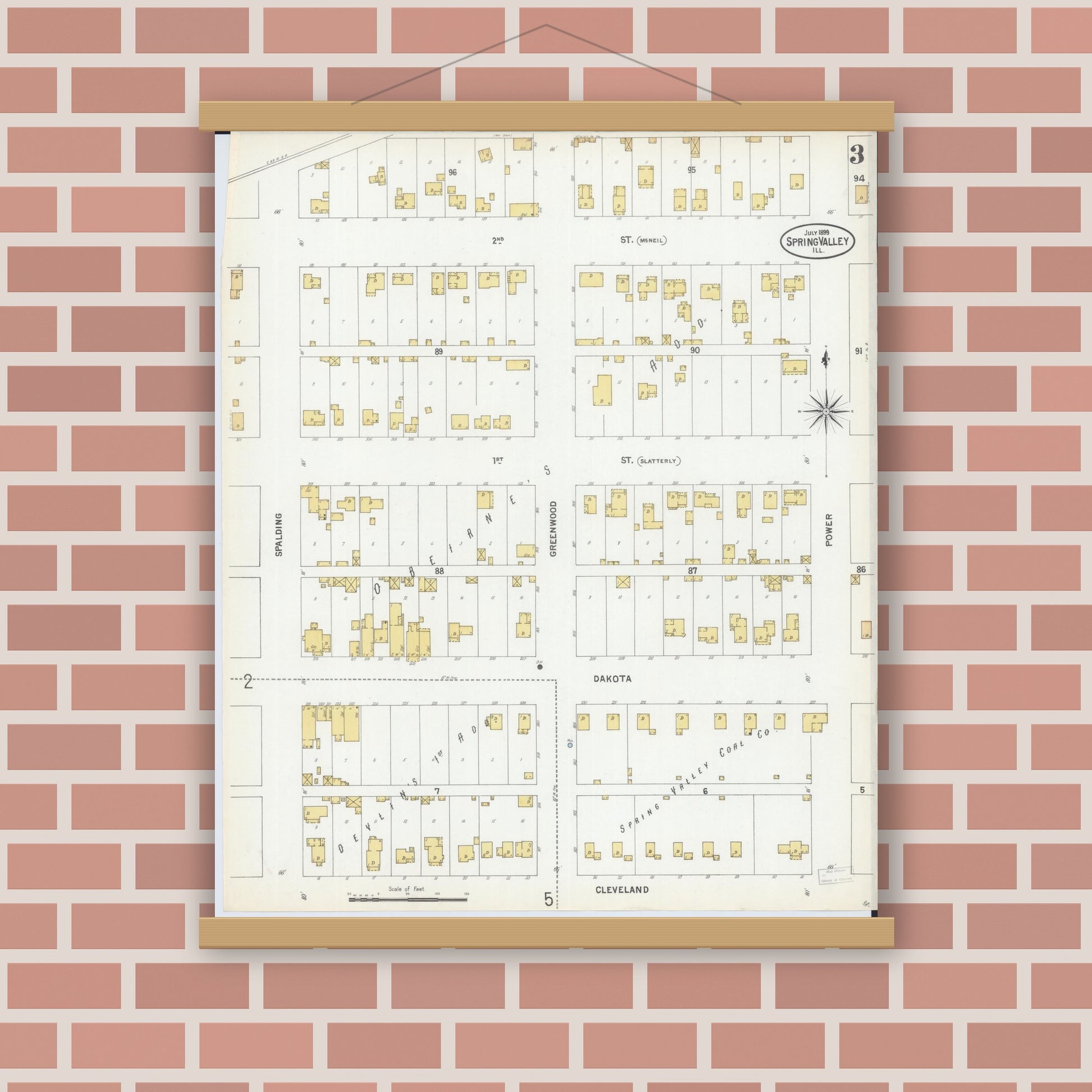 Old map wall art mockup — magnetic wood frame on brick wall — Sanborn Fire Insurance Map from Spring Valley, Bureau County, Illinois (1899), Sheet #0003