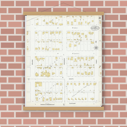 Old map wall art mockup — magnetic wood frame on brick wall — Sanborn Fire Insurance Map from Spring Valley, Bureau County, Illinois (1899), Sheet #0003